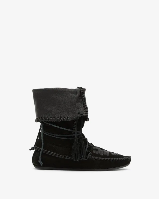 Isabel Marant Winki boots cuir noir tressé pompons