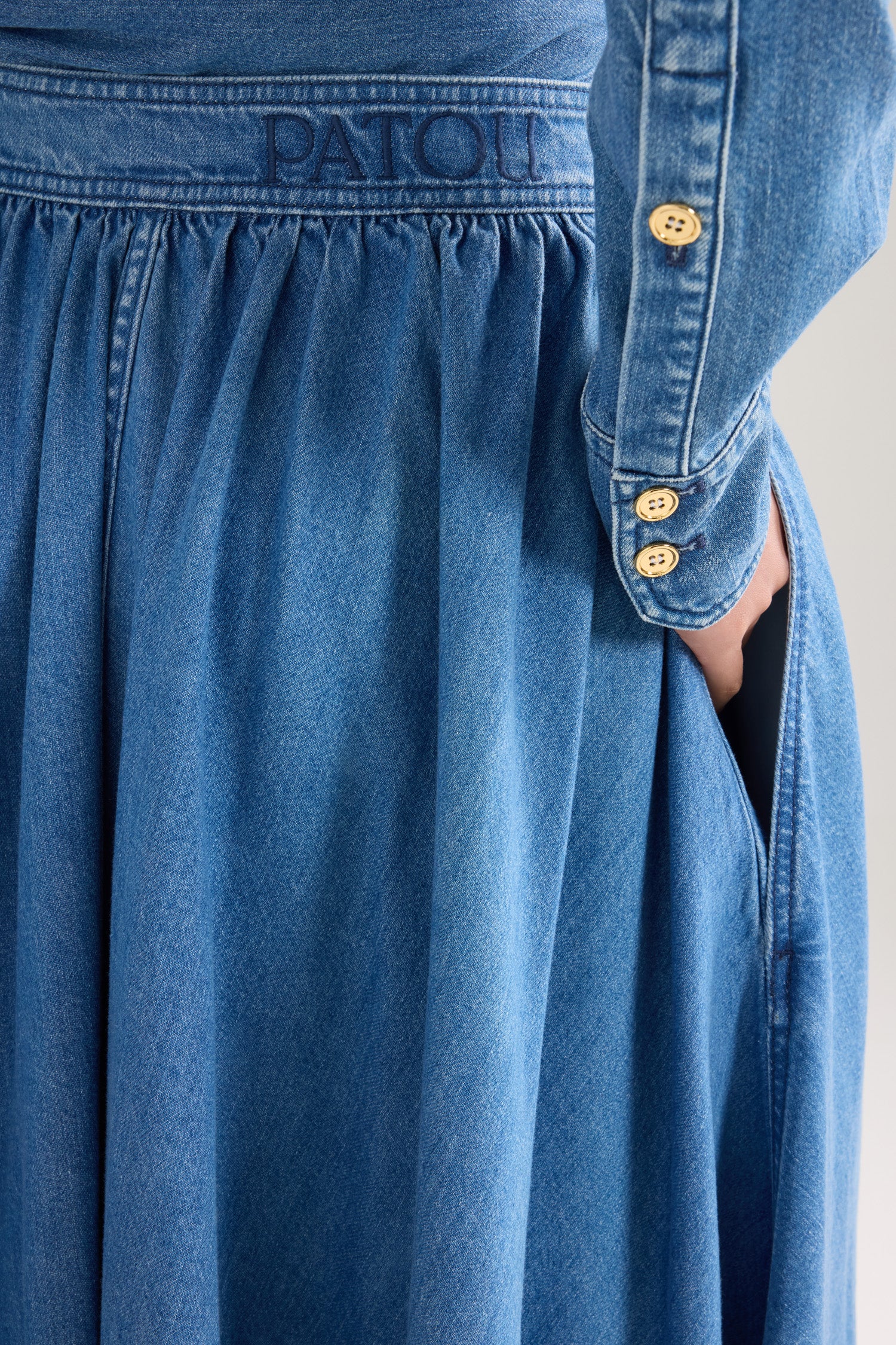 Patou jupe longue boutonnée SK119 denim coton bleu délavé