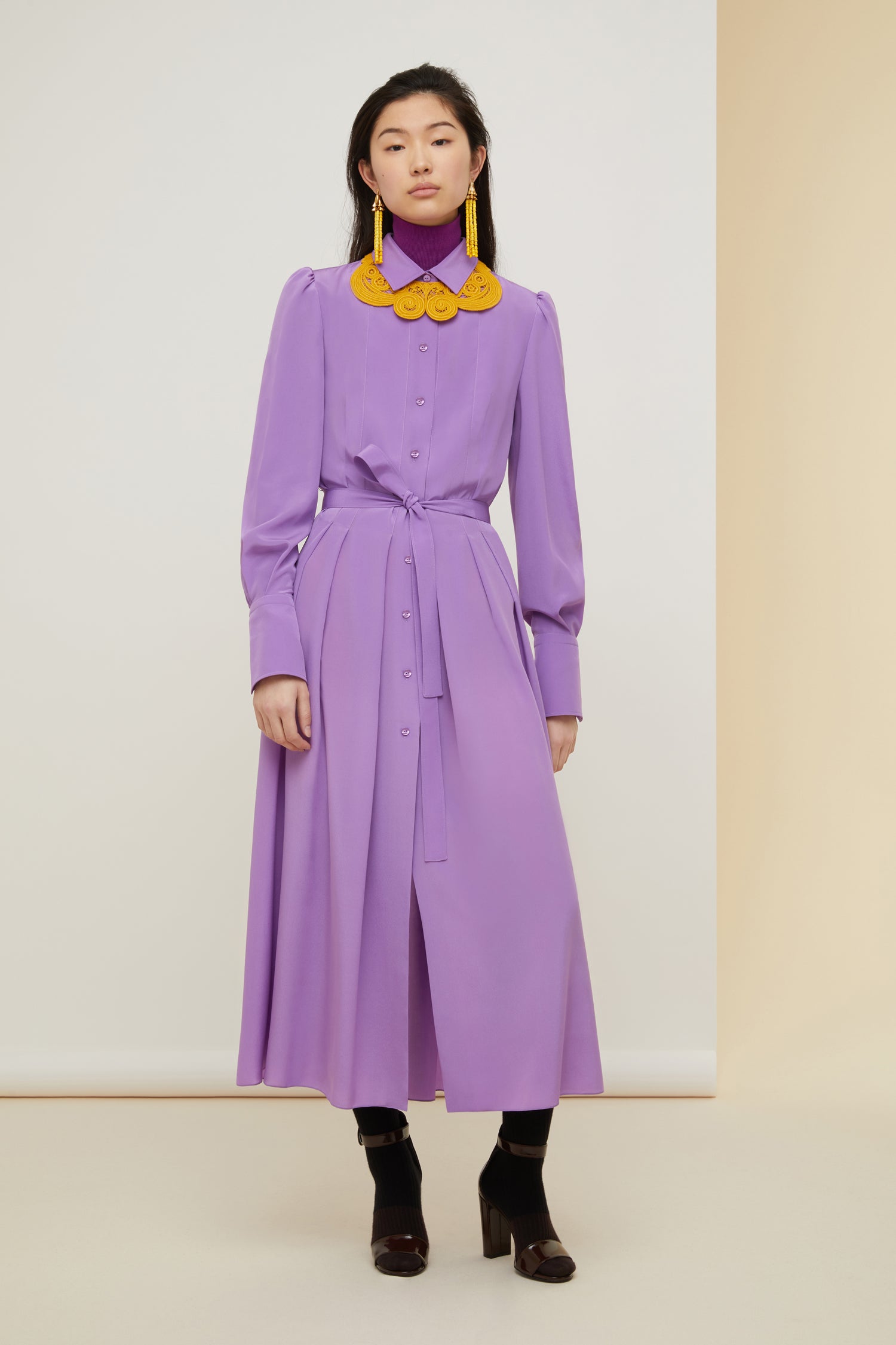 Patou A21DR0780013498P robe chemise midi soie violette plissée