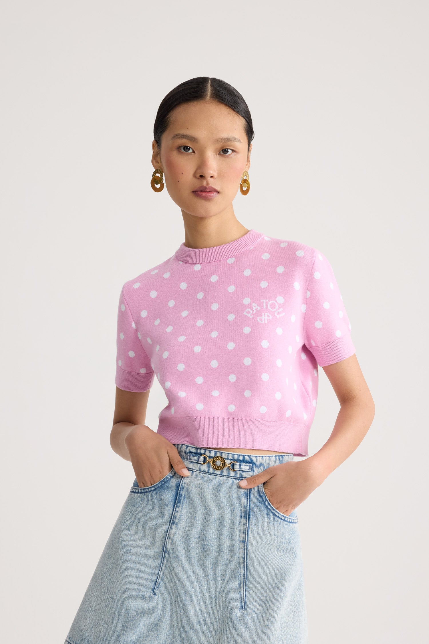 Patou KN31880895973 t-shirt crop rose à pois coton