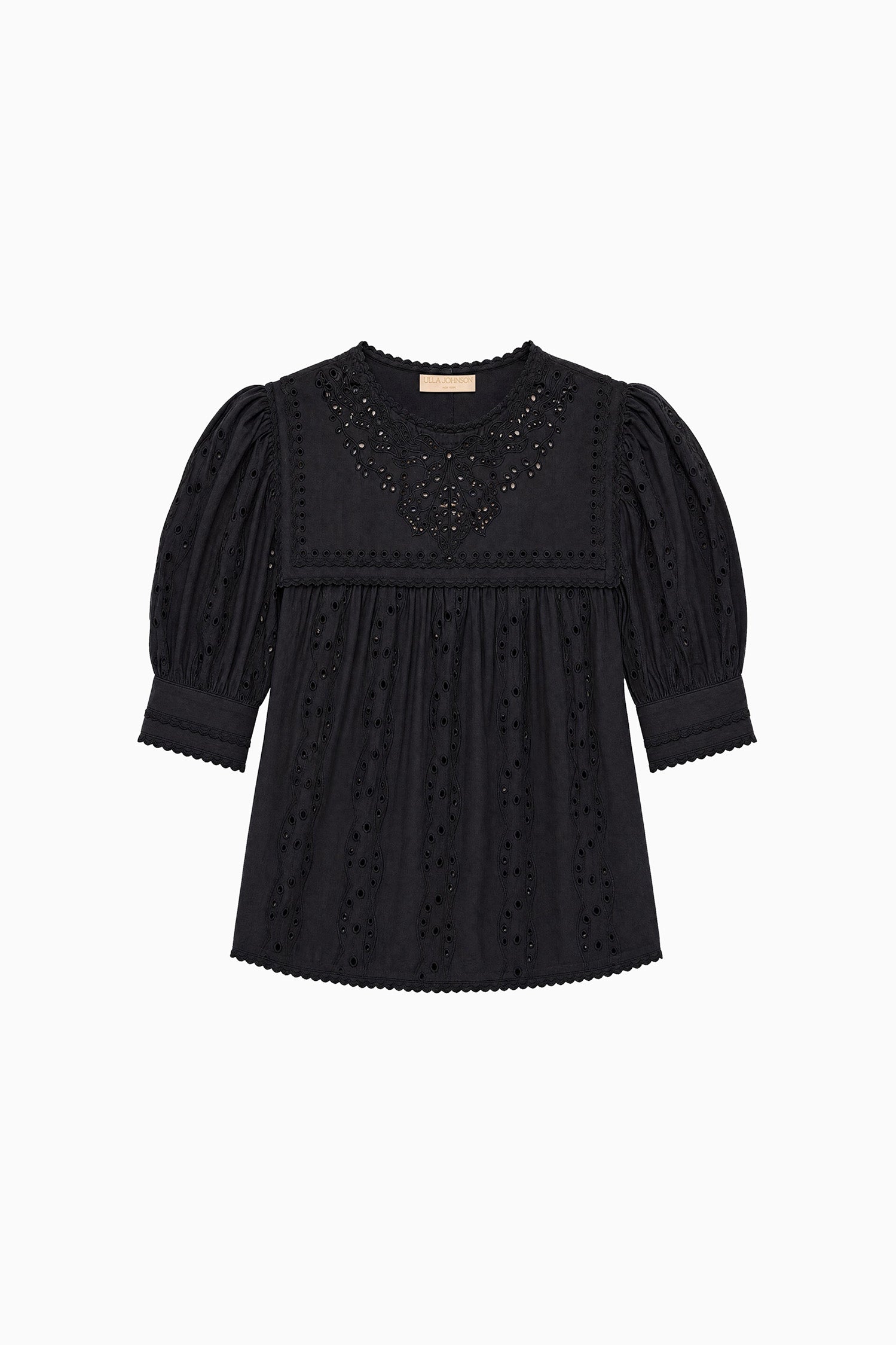 Ulla Johnson Una Top Coton Noir Broderie Manches Courtes