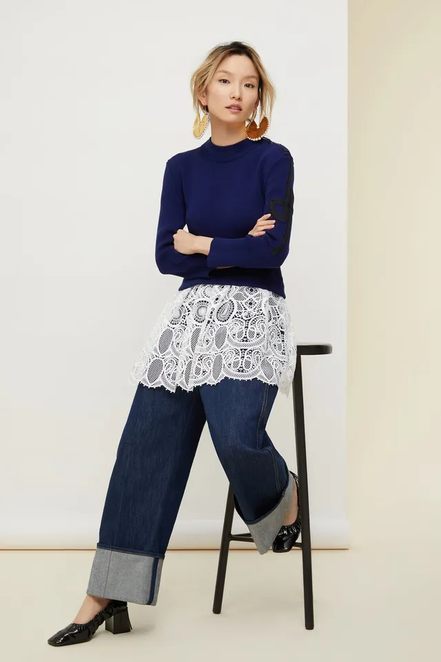 Patou P20KN0158017 pull coton bleu persan guipure