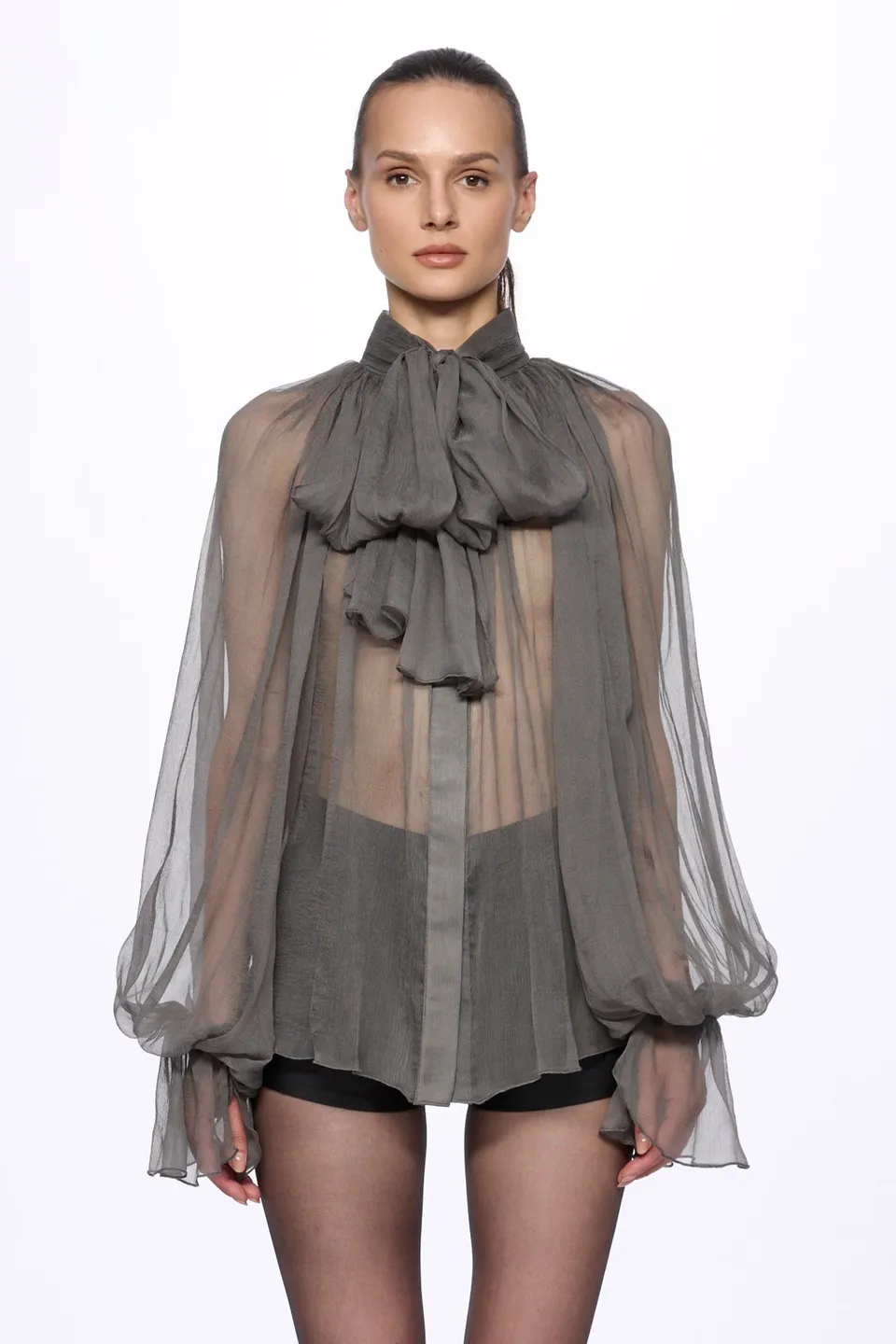 ATU Body Couture SILK chemisier gris soie foulard attaché