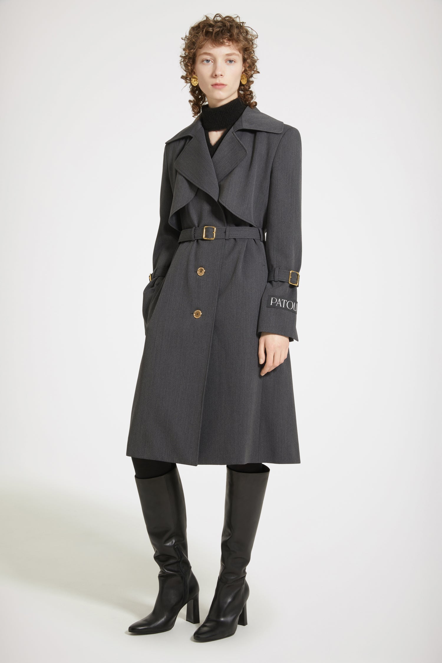 Patou OU025 trench anthracite twill laine ceinturé genou