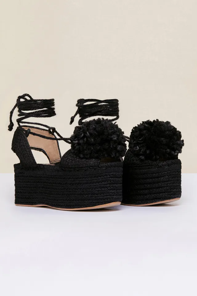 Patou Pompom espadrilles compensées noires jute