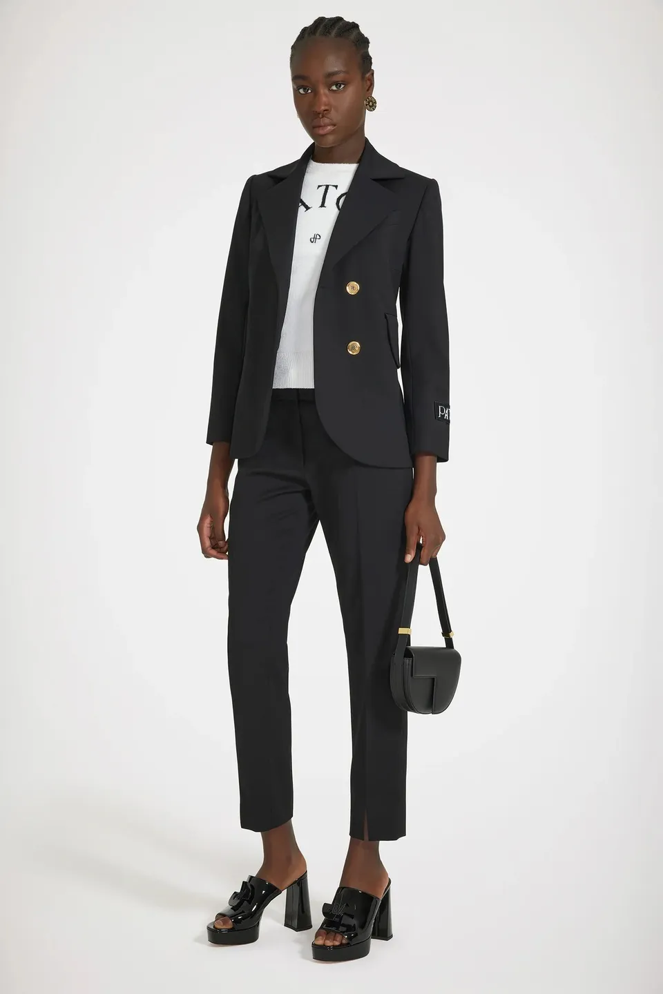 Patou JA035 veste tailleur laine noire ceinture