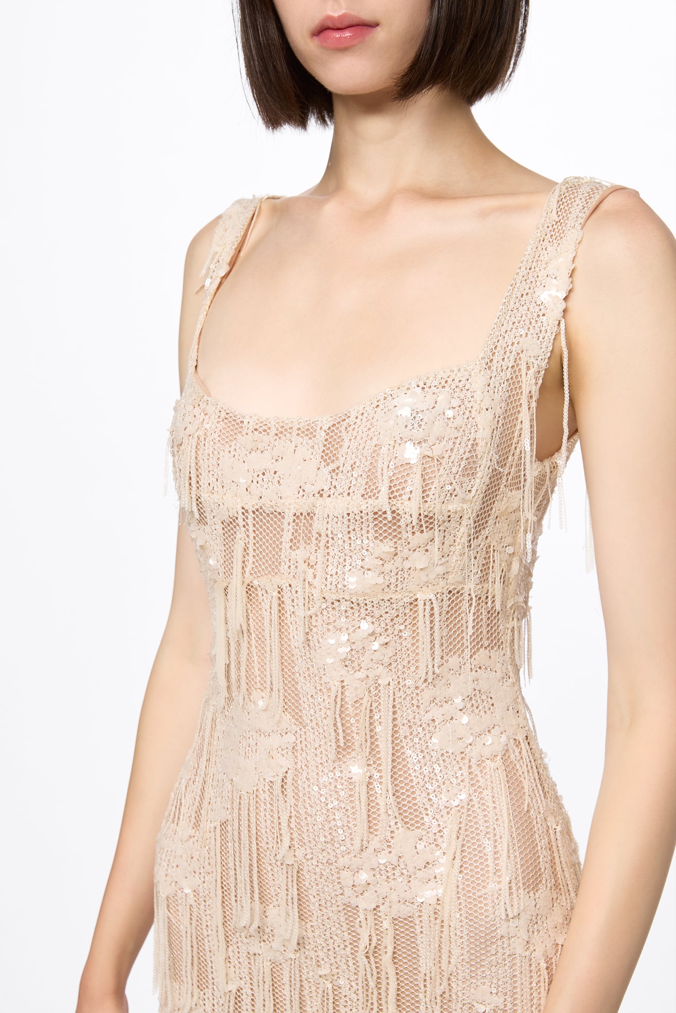 ATU Body Couture Sequins and Feathers robe midi corset vanille sequins