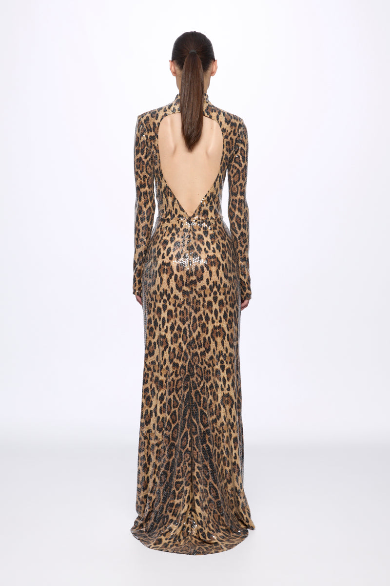 ATU Body Couture Long robe léopard sequins col montant taille S