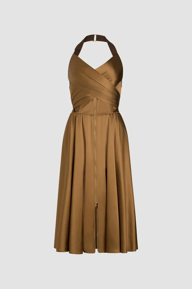 Patou robe midi satin halterneck Tobacco 38 drapée