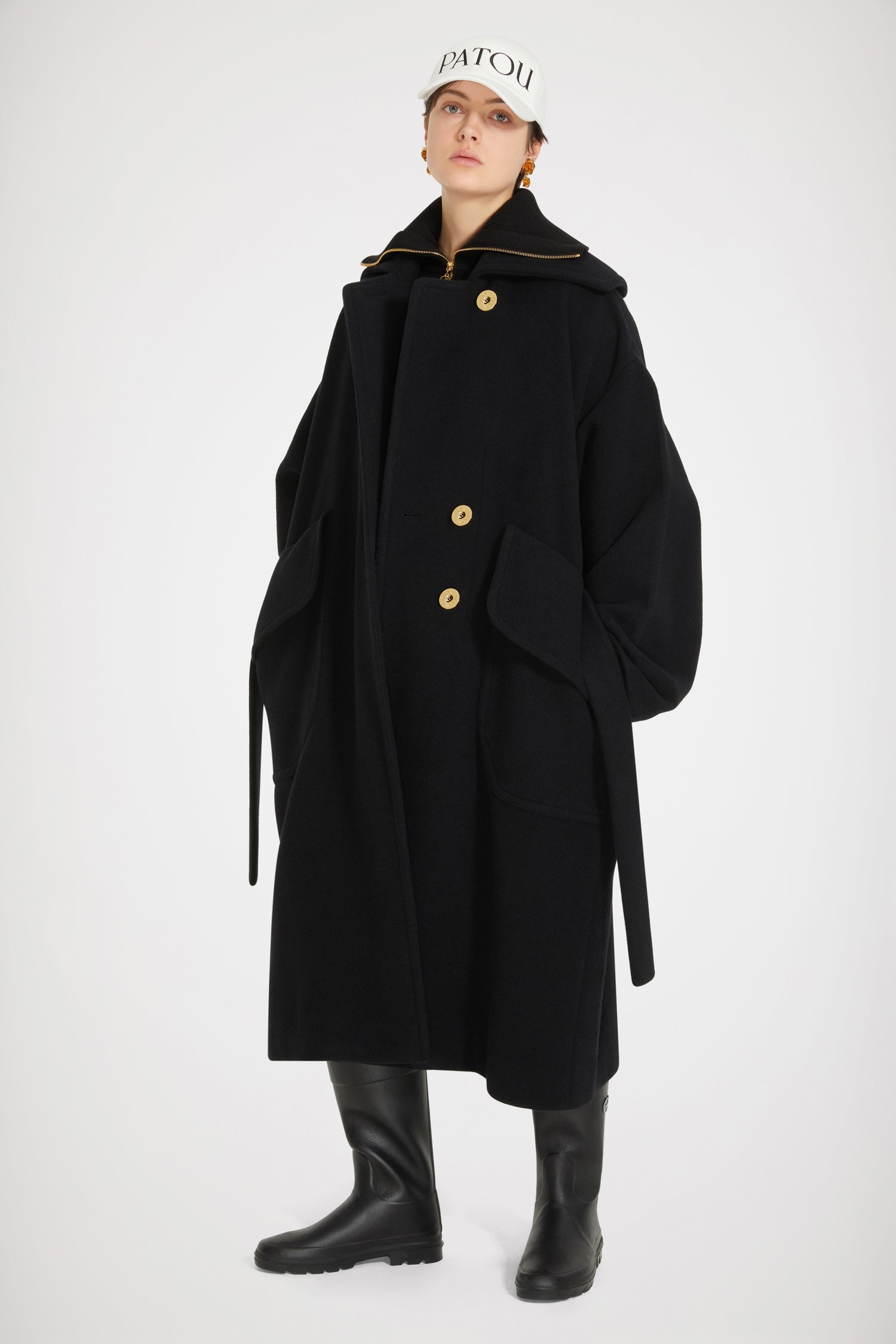 Patou CO013 manteau long laine noir à ceinture 34