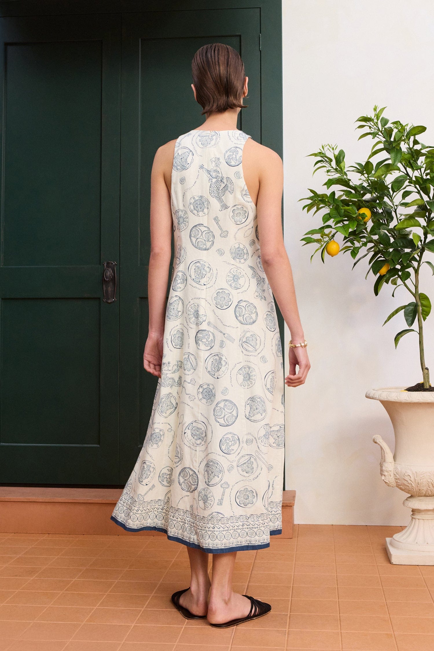 Alemäis Lucky robe midi en lin laçage imprimé nautique