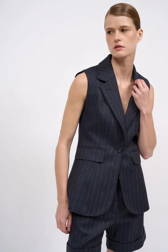 Paul & Joe Amy veste tailleur laine rayée navy mélange 36