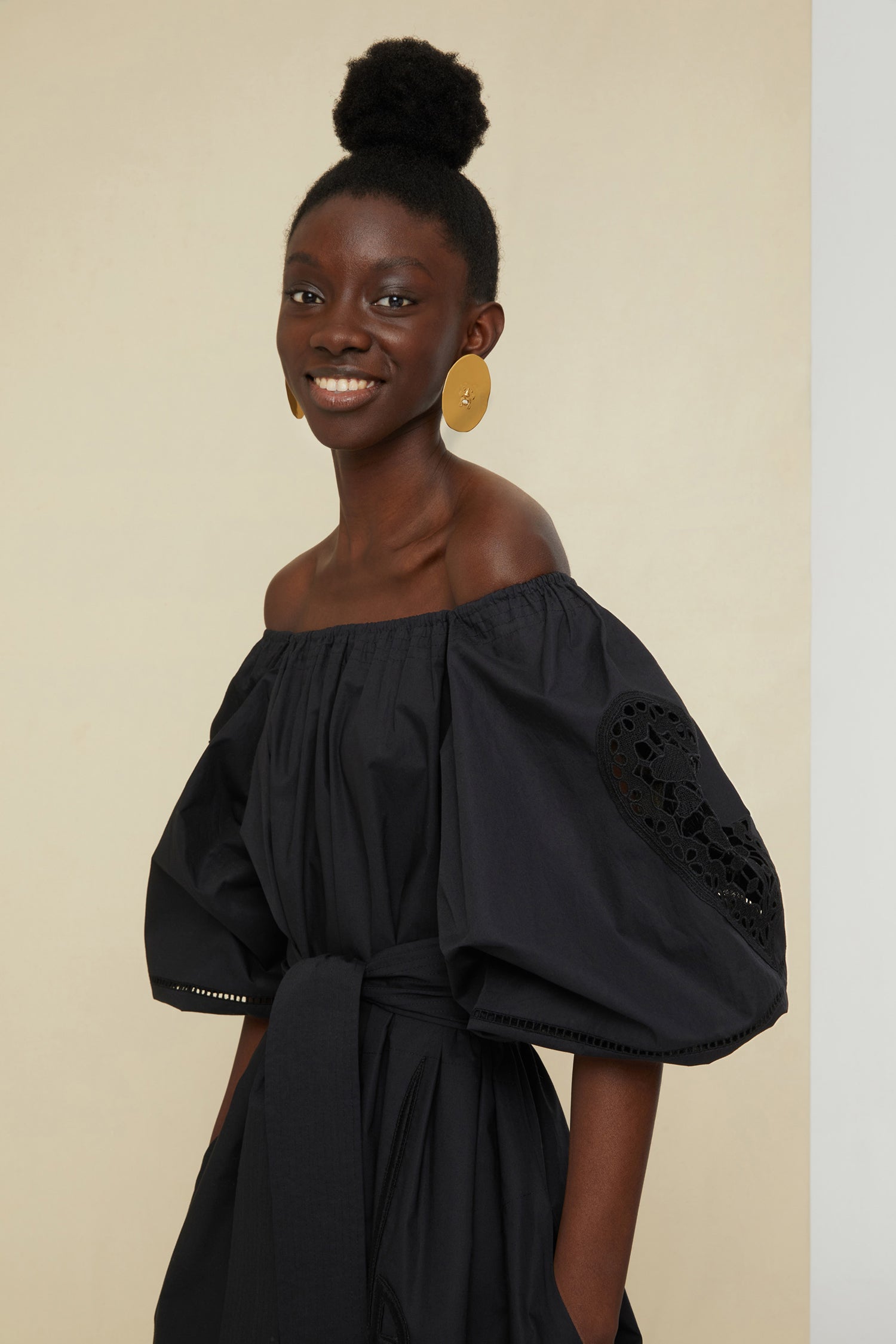 Patou E20DR037 robe maxi ajourée noire popeline coton