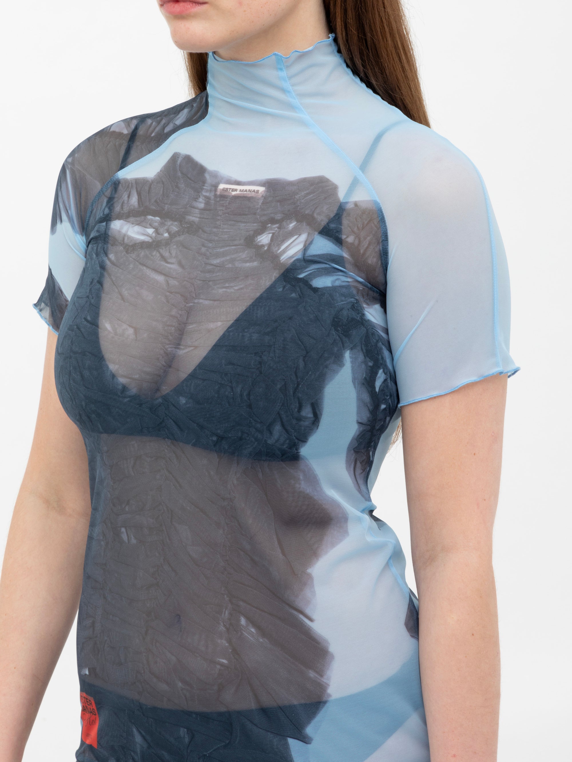 Ester Manas Mesh Print robe courte Blue Scan mesh stretch