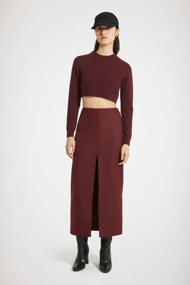 Patou SK054 jupe midi bordeaux feutre laine fendue