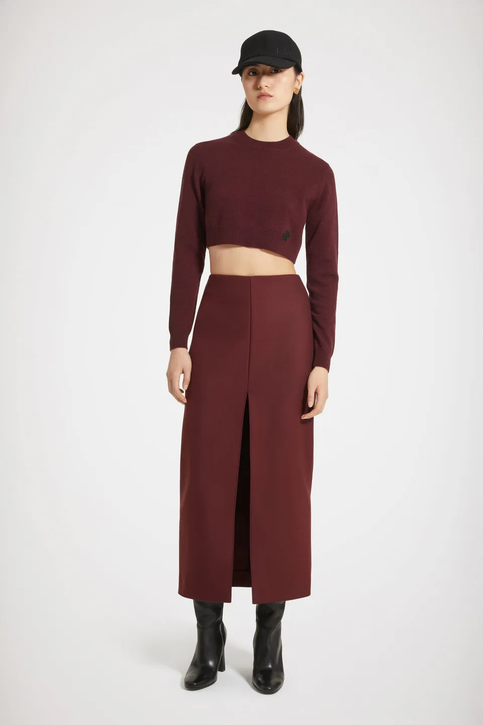 Patou SK054 jupe midi bordeaux feutre laine fendue