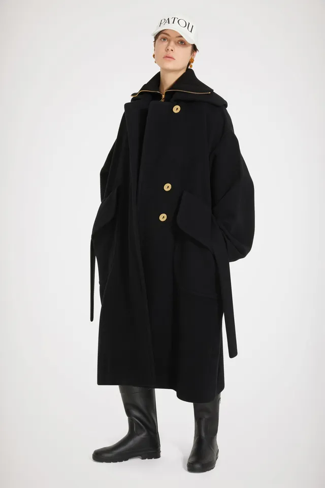 Patou CO013 manteau long laine noir à ceinture 34