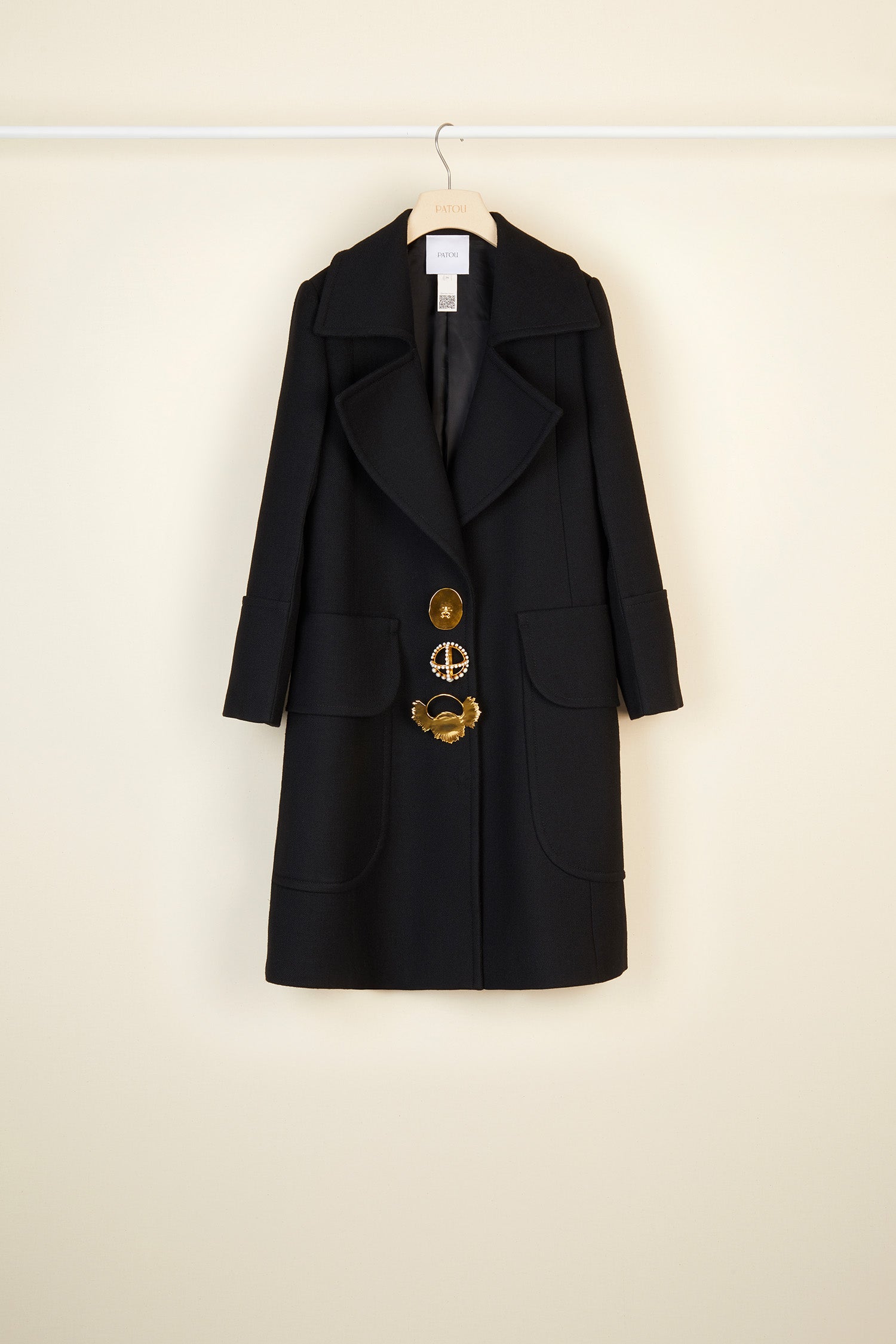 Patou H20CO0020001999B manteau long laine noire broches