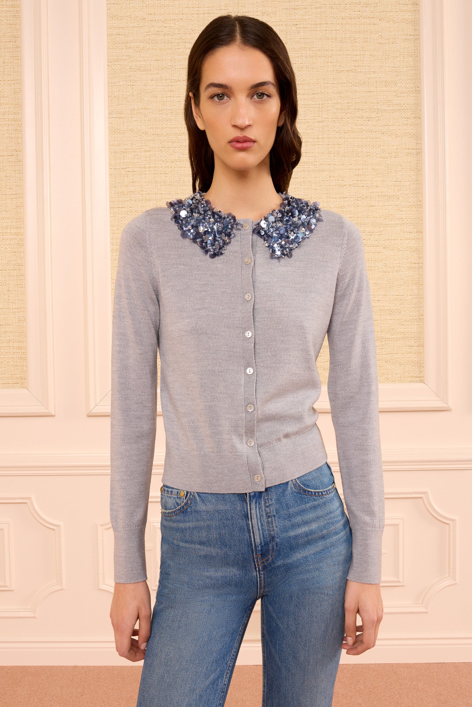 Ulla Johnson Anna cardigan laine Ash sequins gris
