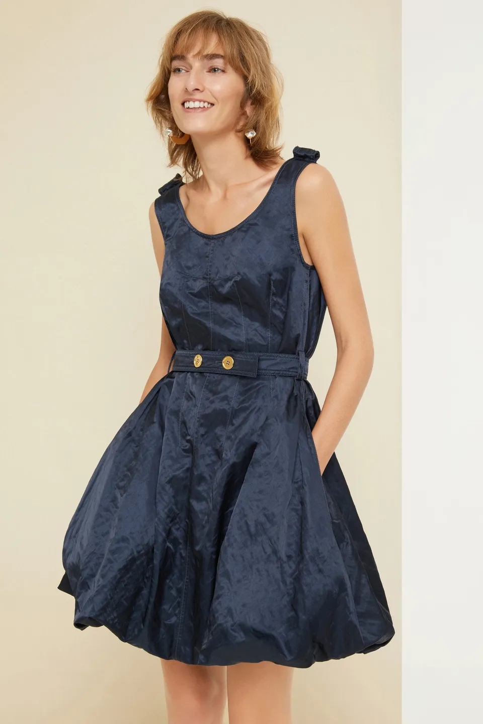 Patou Bubble hem dress robe bleue satin métal 34-44