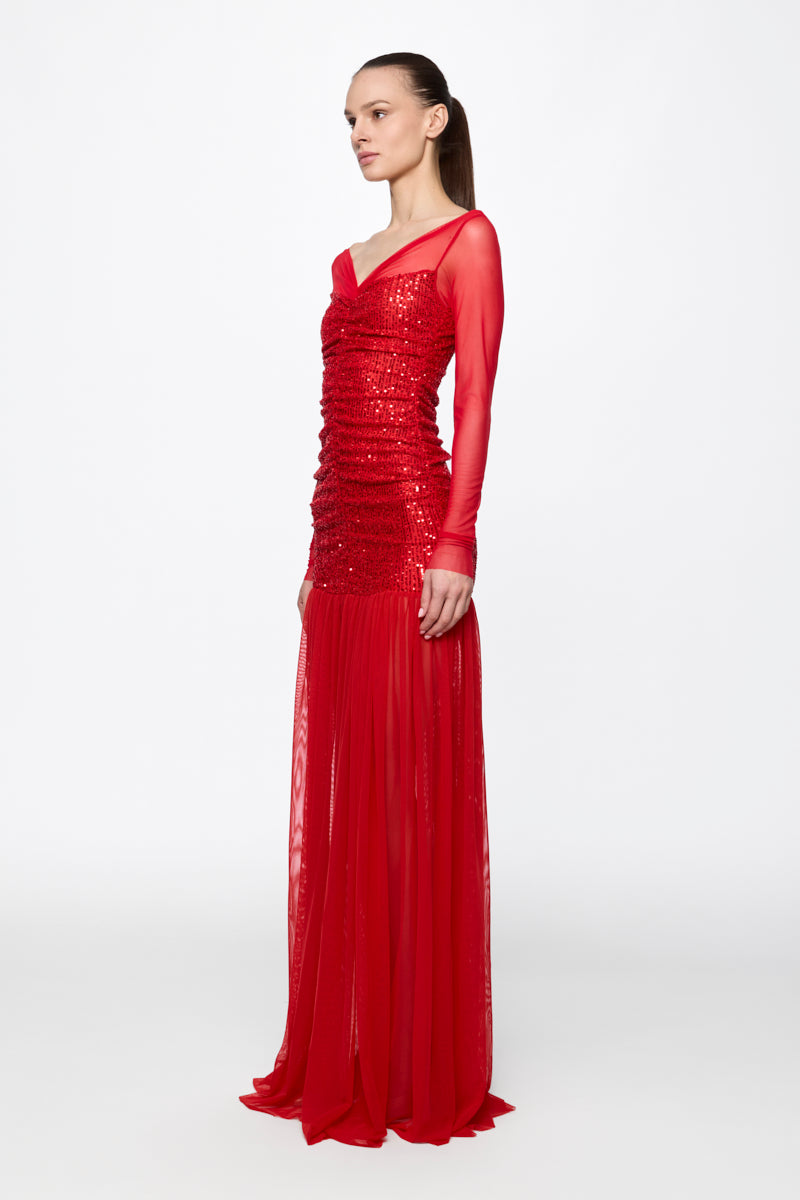ATU Body Couture Sequins and Feathers Ruched Tulle Gown robe rouge S