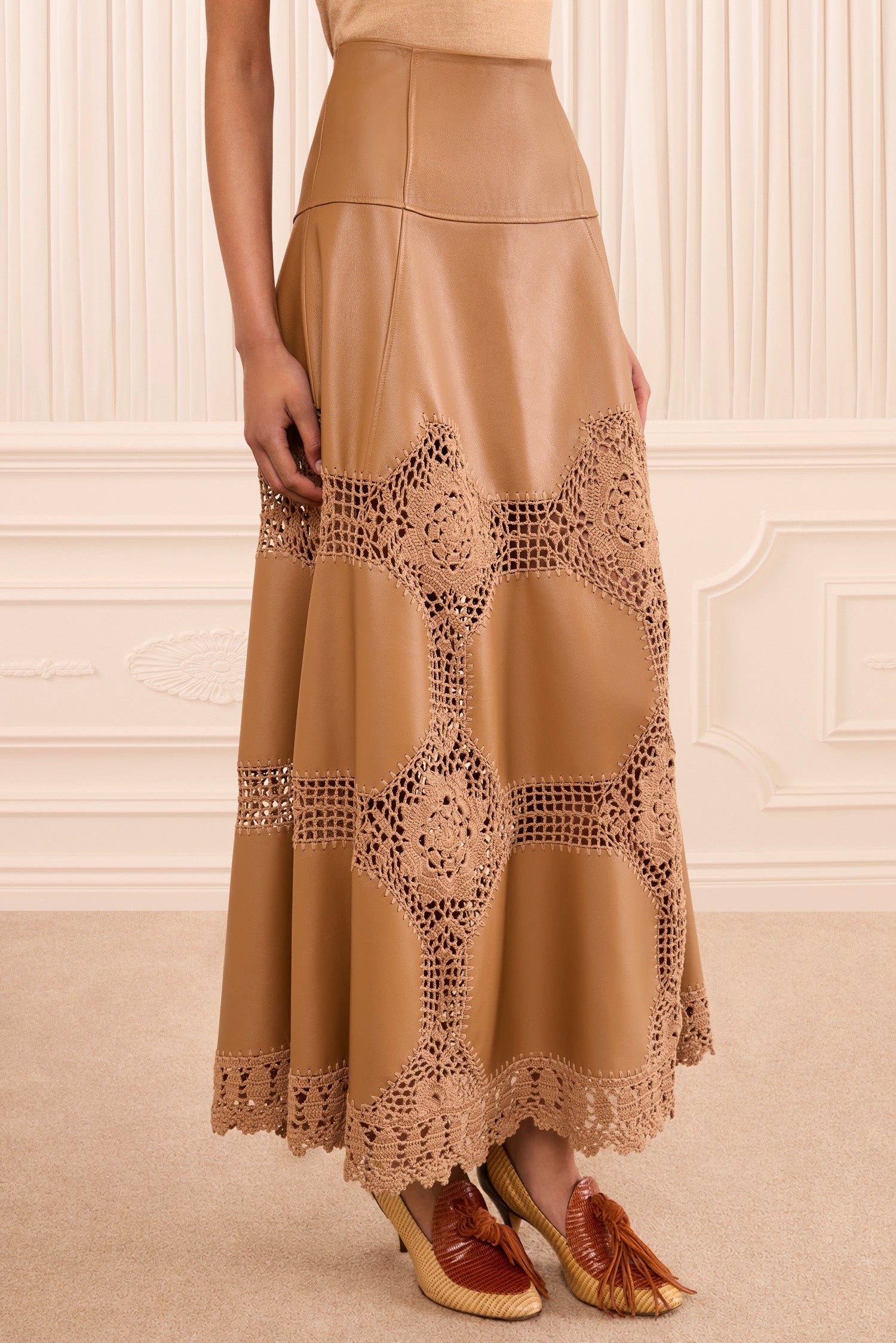 Ulla Johnson Izra Jupe crochet cuir Camel midi