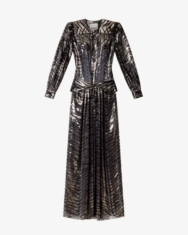 Isabel Marant Felby robe longue soie noir et argenté zèbre