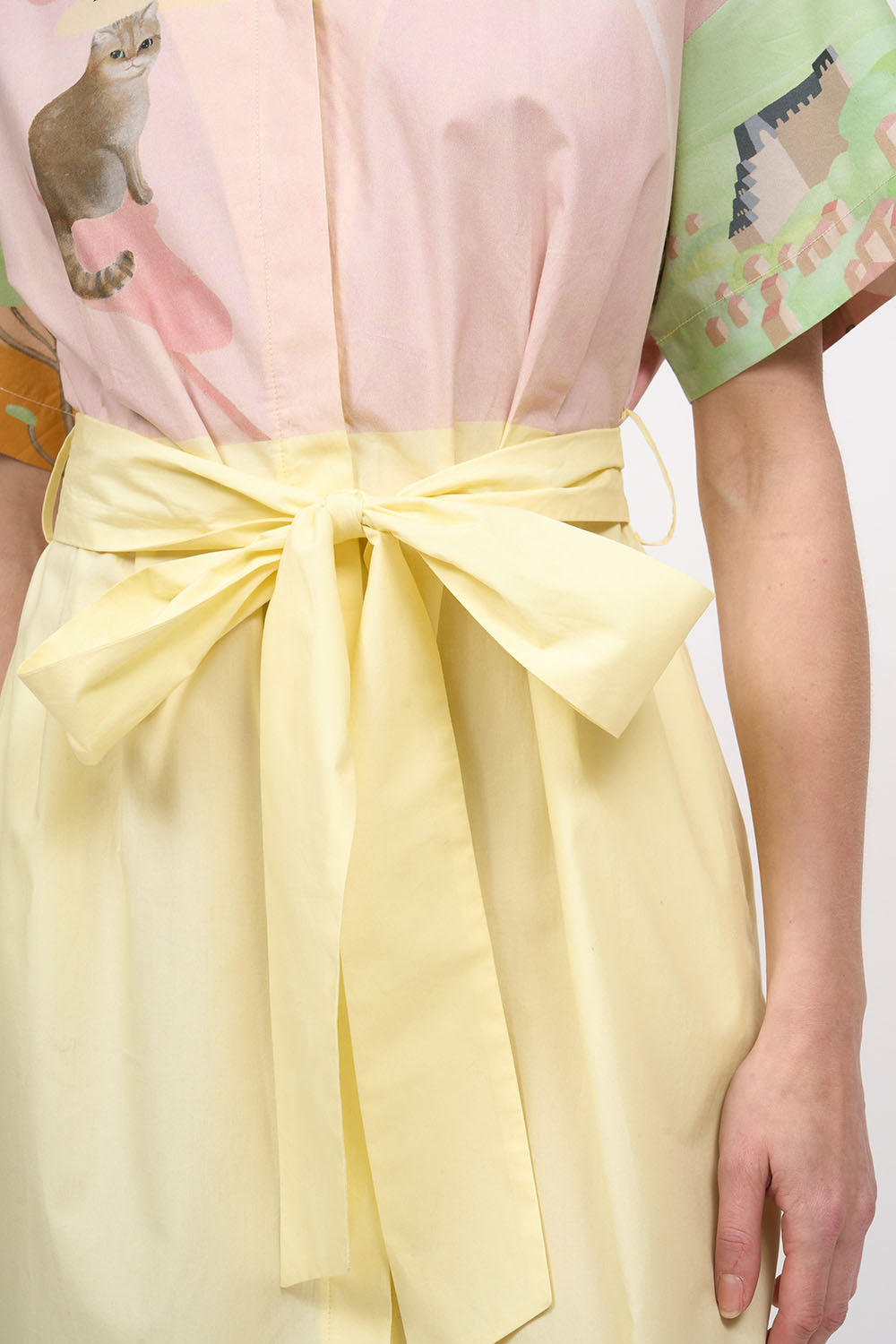 Paul & Joe Robe chemisier coton jaune imprimé chats midi