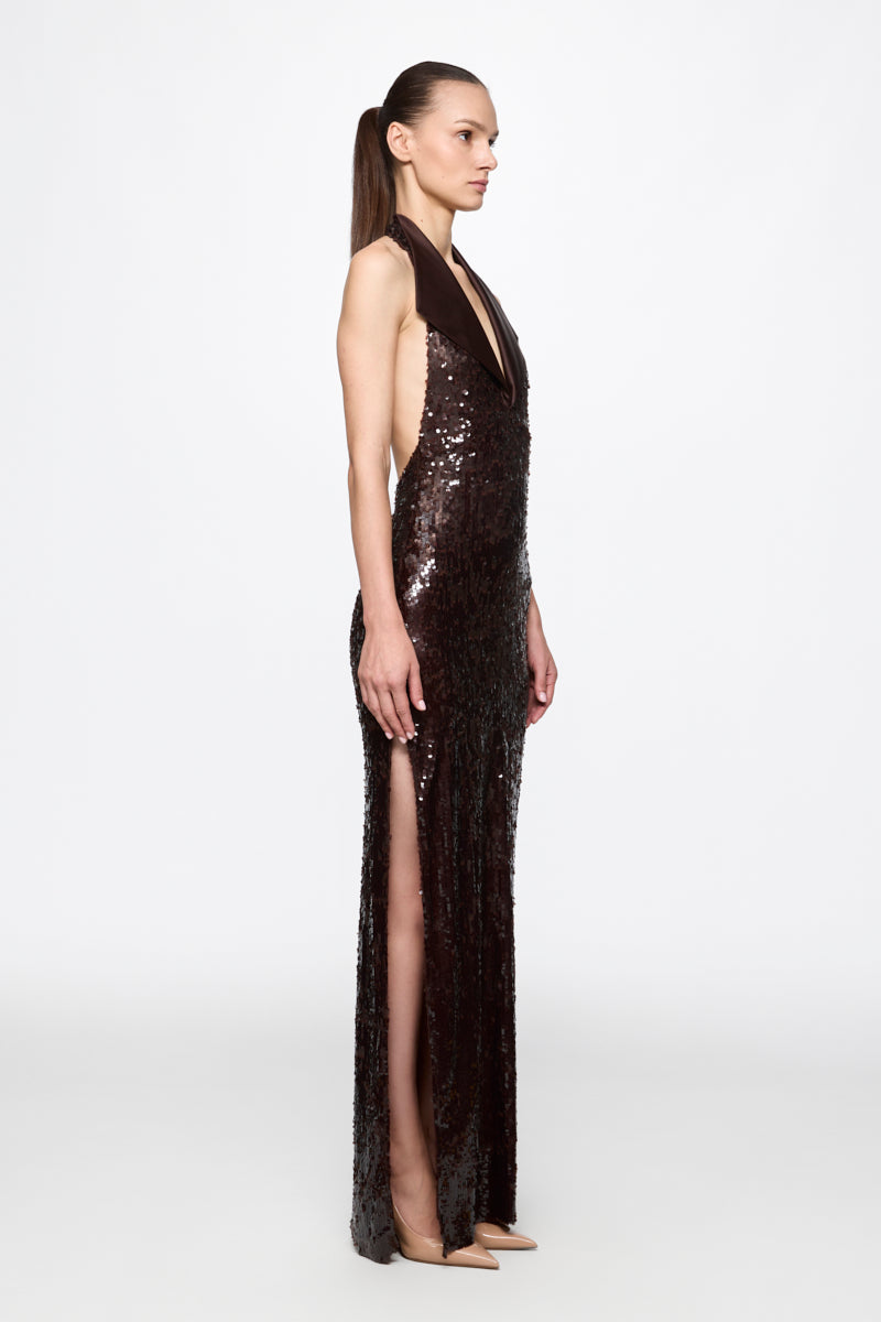 ATU Body Couture robe midi marron sequins col satin