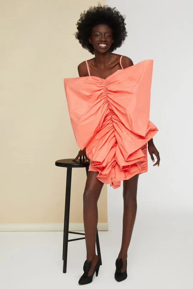 Patou A20DR053 robe faille tangerine papillon bretelles