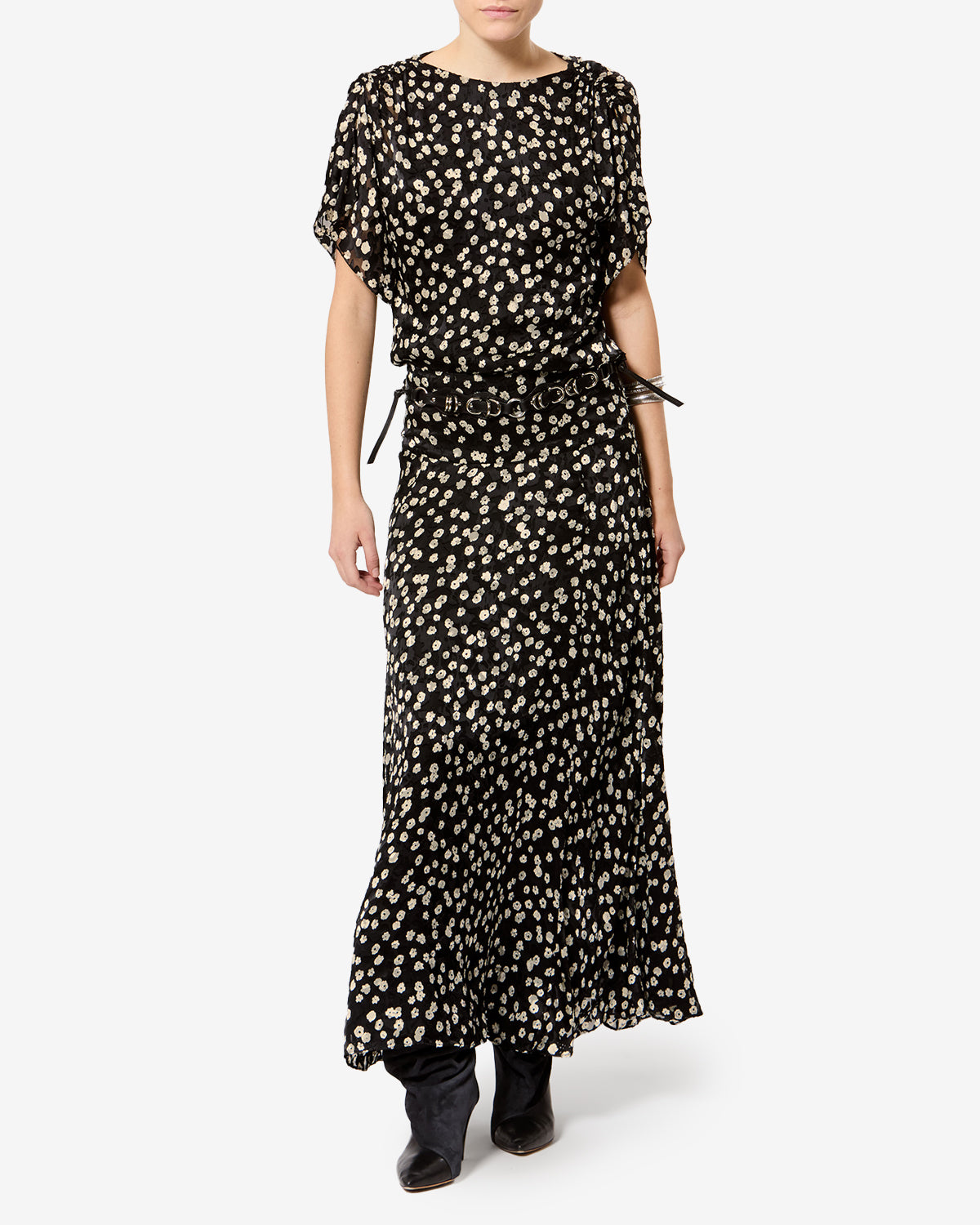 Isabel Marant Hilza jupe longue soie noir écru fleuri
