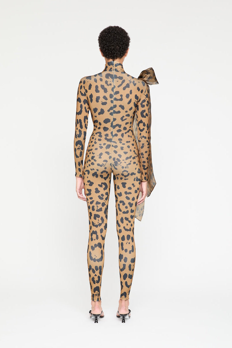 ATU Body Couture catsuit léopard tigre noeud épaule col montant