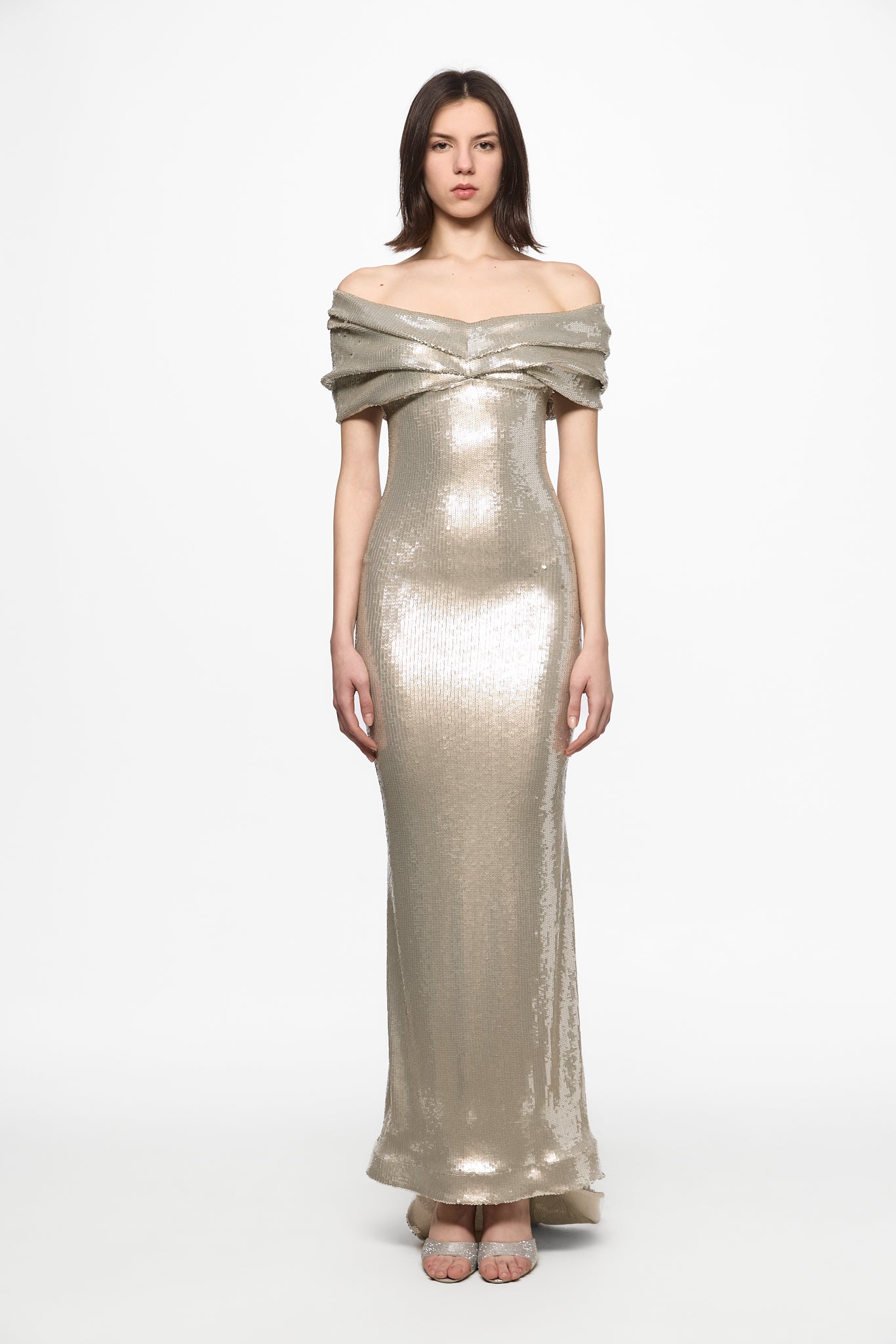ATU Body Couture Sequins and Feathers Silver off shoulder sequin gown robe S