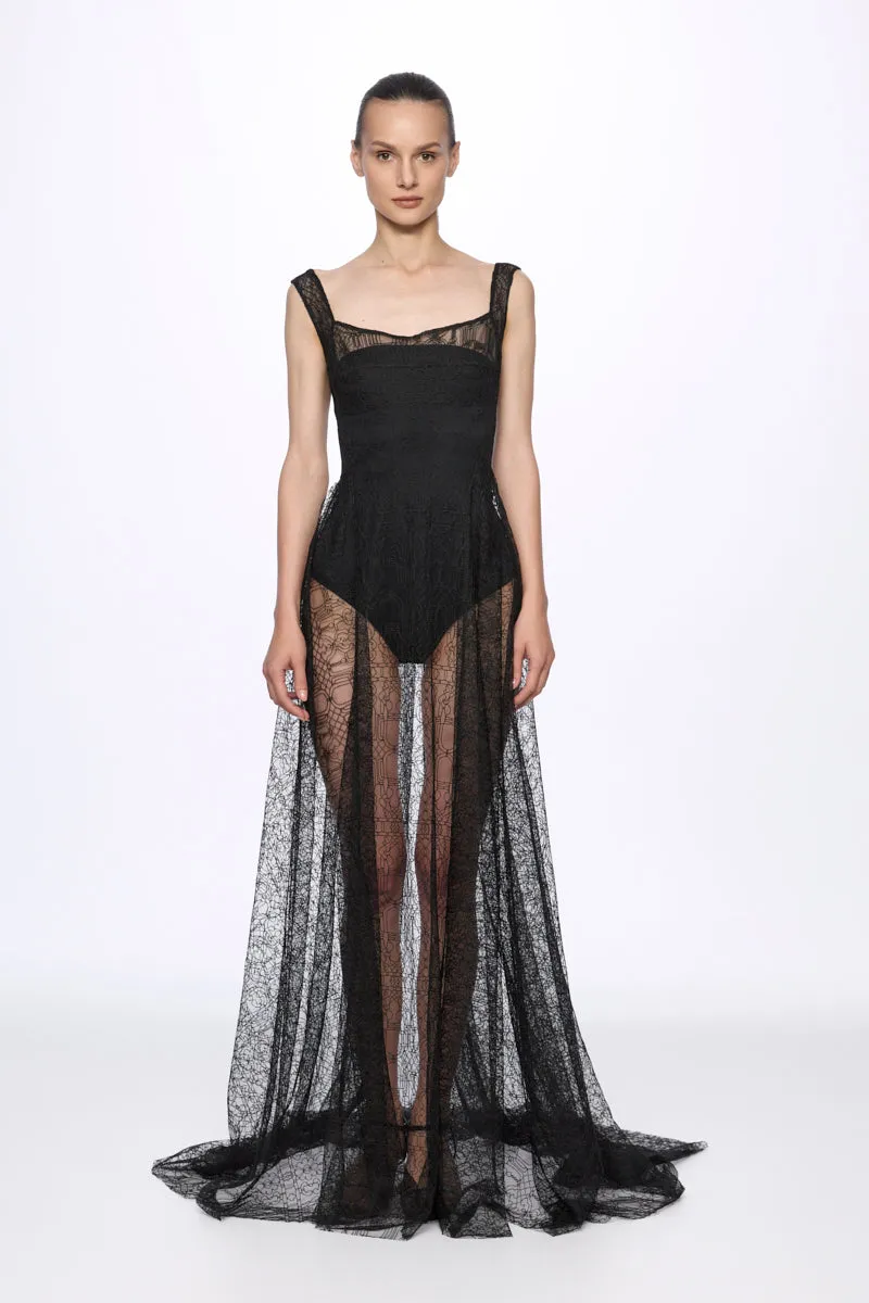 ATU Body Couture Long Formal robe dentelle noire taille S