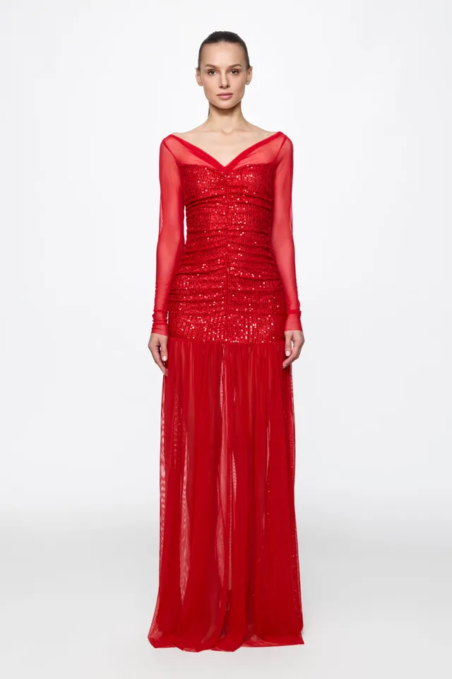 ATU Body Couture Sequins and Feathers Ruched Tulle Gown robe rouge S