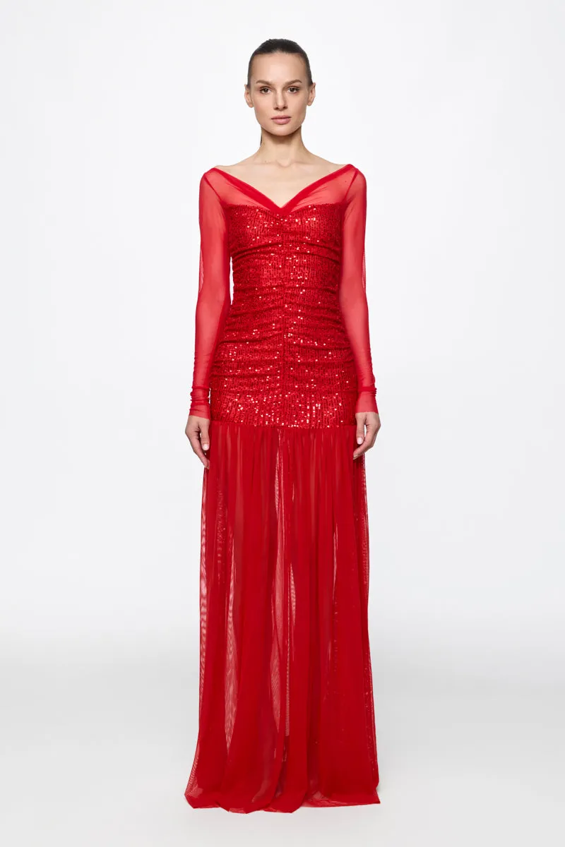 ATU Body Couture Sequins and Feathers Ruched Tulle Gown robe rouge S