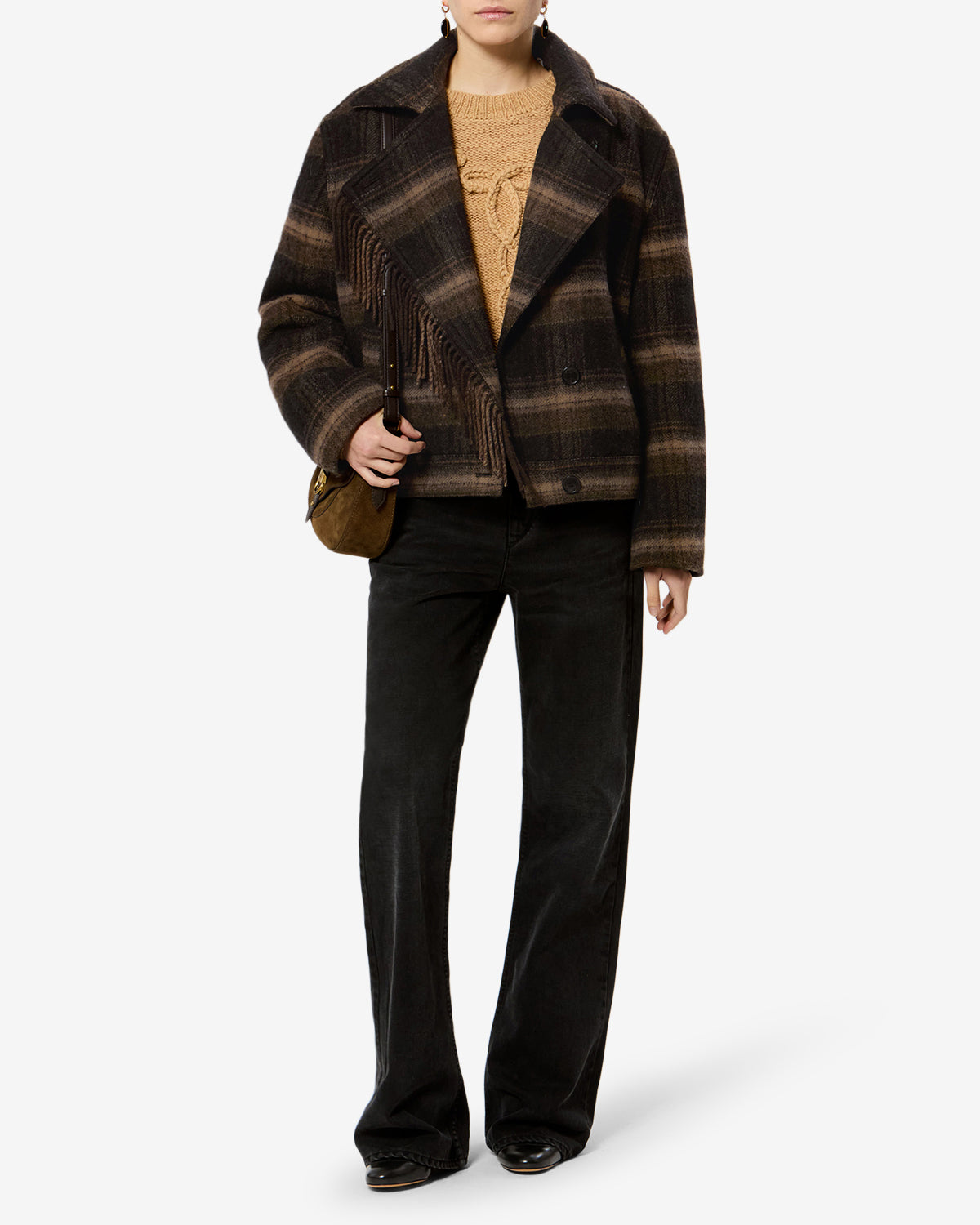 Isabel Marant Galeane manteau laine noir à carreaux franges