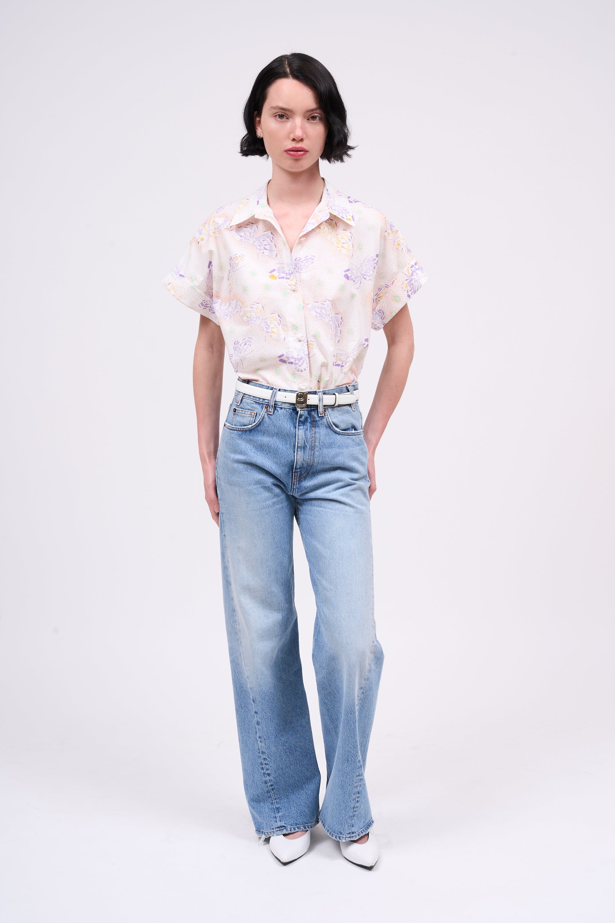 Paul & Joe Damier chemise courte coton blanc papillon