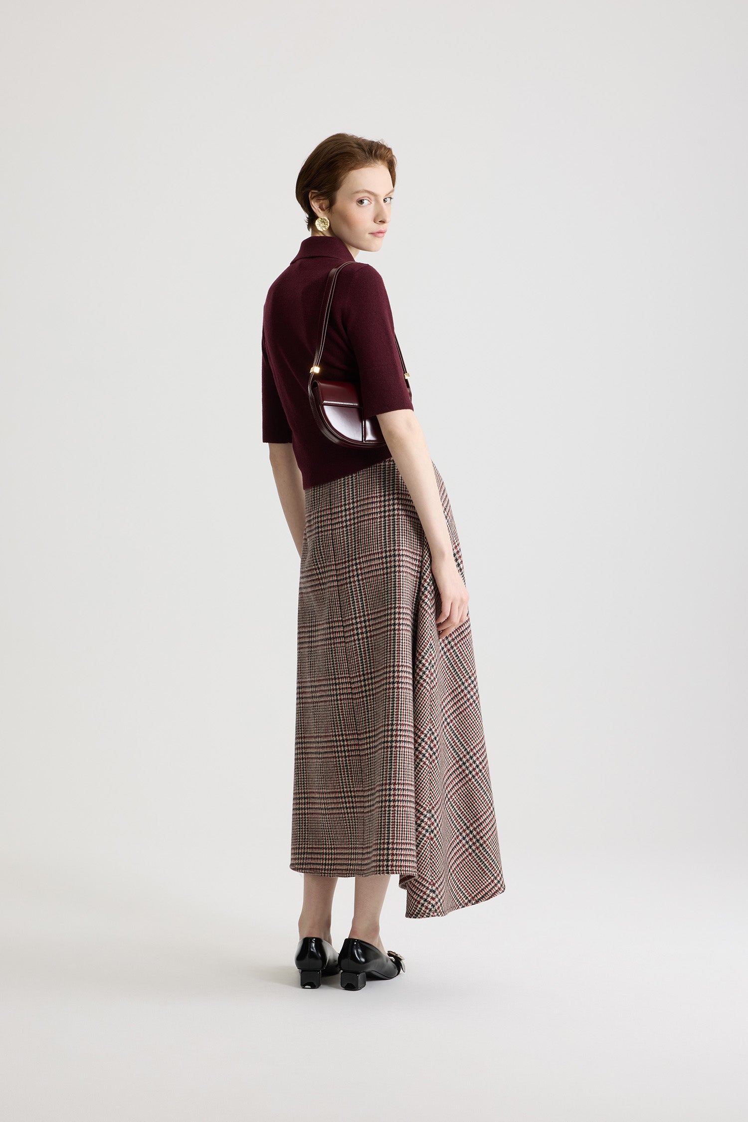 Patou SK101 jupe midi asymétrique Prince Of Wales laine