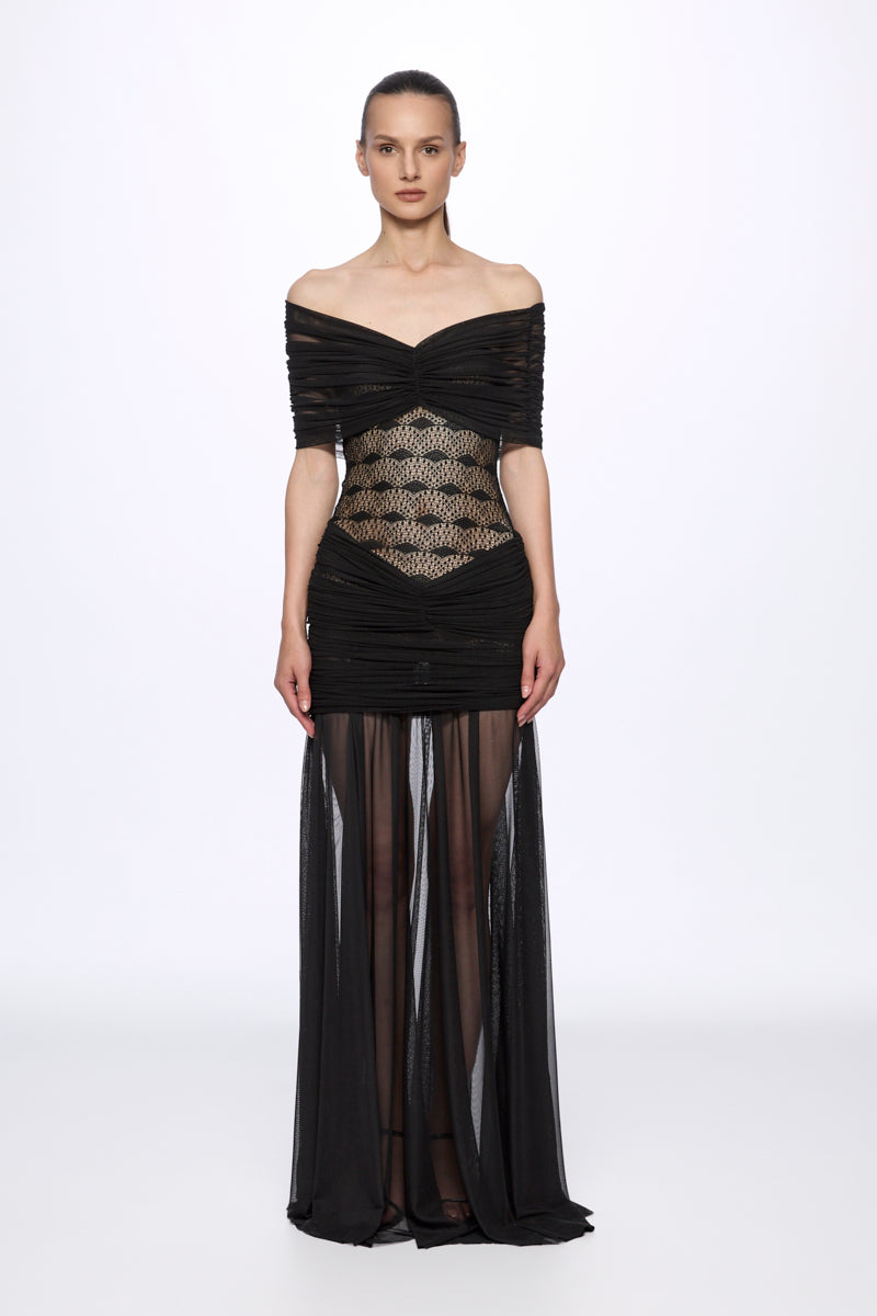 ATU Body Couture Long robe maxi noir dentelle épaules nues S