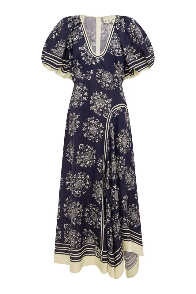 Alemäis Banderra robe midi lin fleurs taille empire
