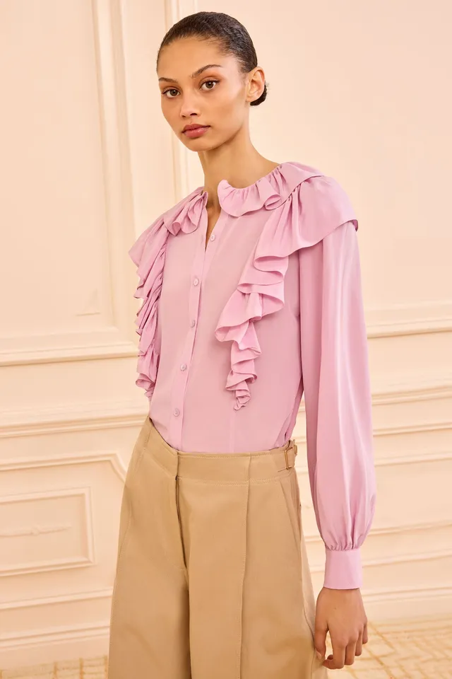 Ulla Johnson Ellie Chemisier Soie Aster Rose à Volants