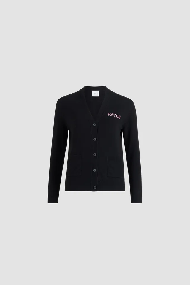 Patou KN306 cardigan laine noir col V intarsia logo