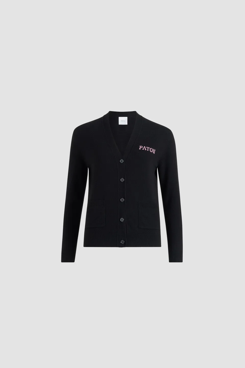 Patou KN306 cardigan laine noir col V intarsia logo