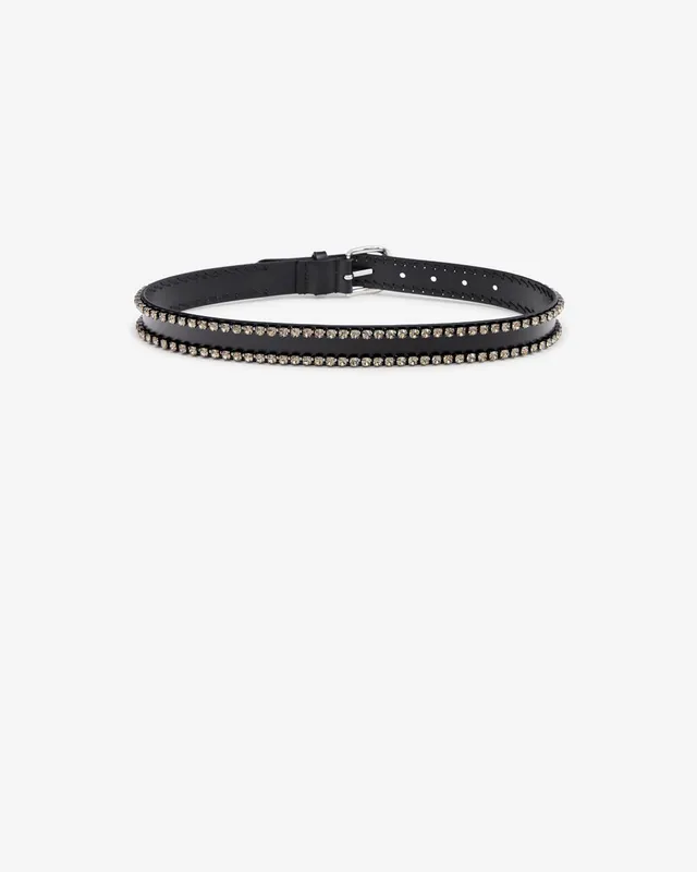 Isabel Marant Zap ceinture cuir noir-palladium strass 2,5 cm