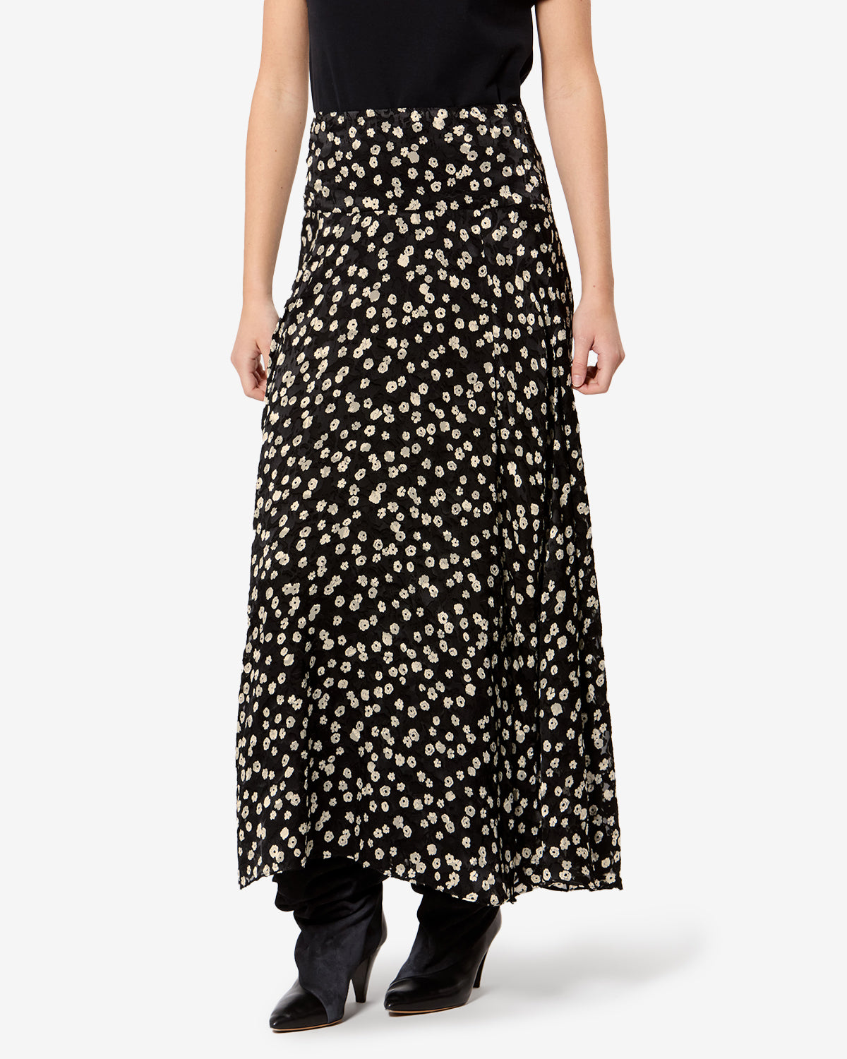Isabel Marant Hilza jupe longue soie noir écru fleuri