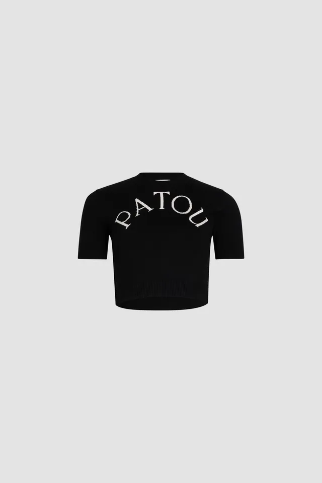 Patou KN222 pull cropped noir logo jacquard mérinos