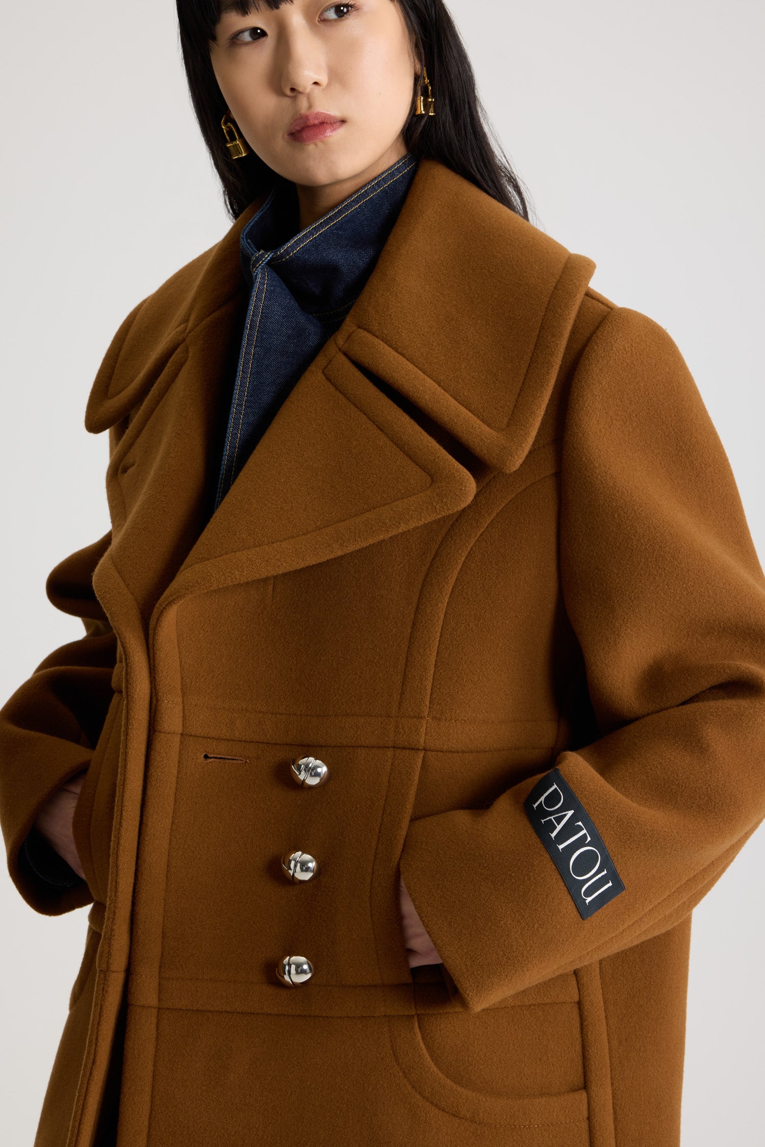 Patou H25CO0330217121B manteau acajou laine croisé