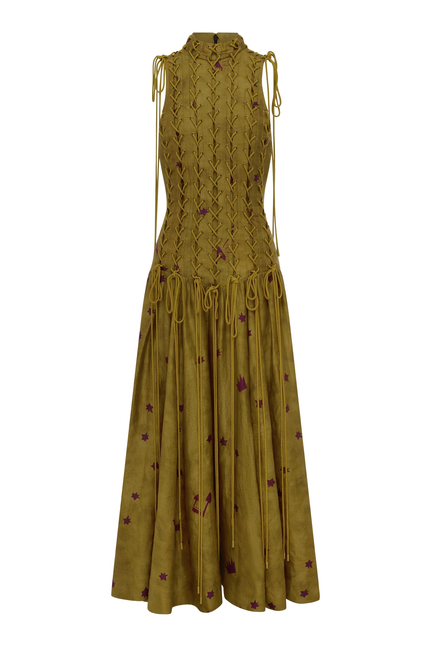 Alemäis Astro Gown Olive robe longue lin motif étoiles