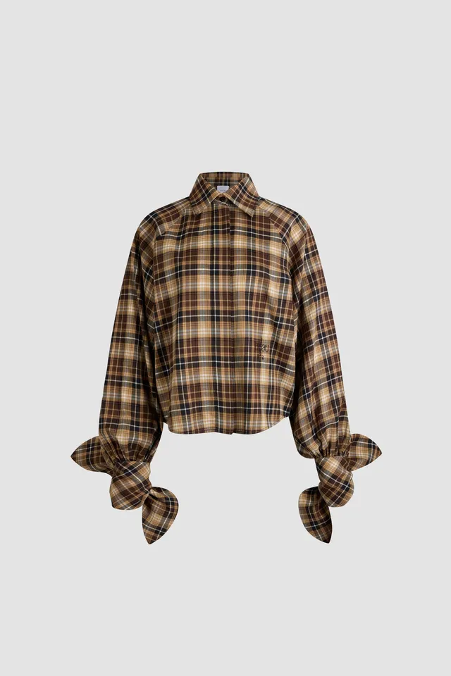 Patou BL064 chemisier coton Chestnut Tartan ample manches nouées